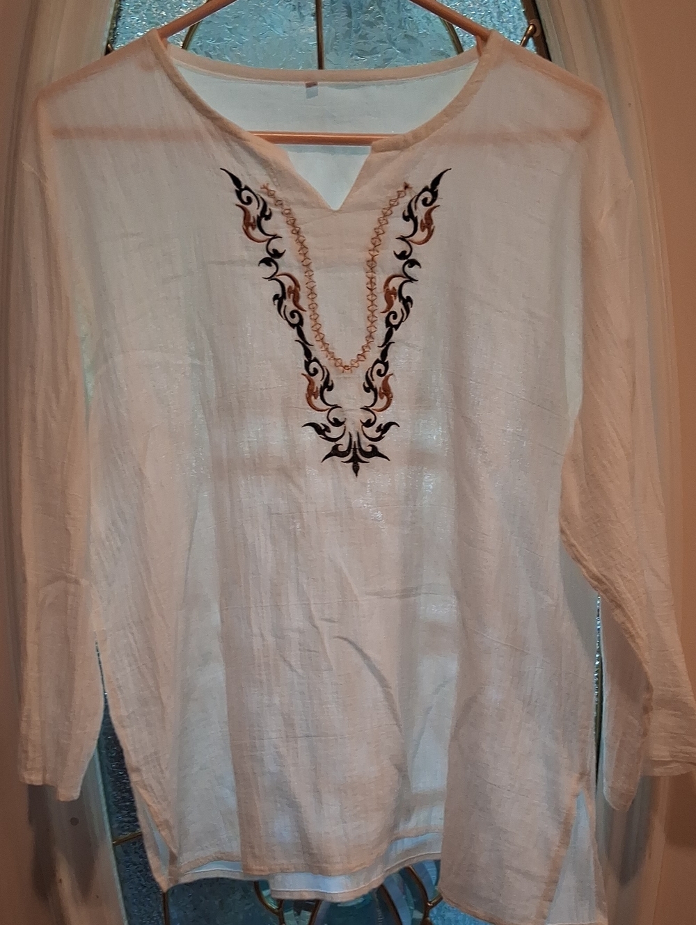 Vintage White Tunic with Black and Brown Embroidery
